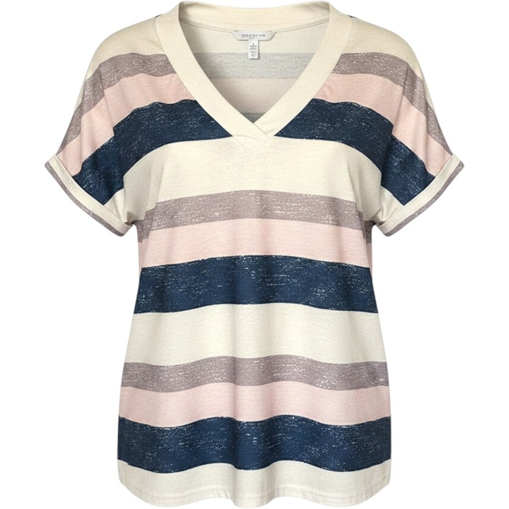 Blue‎ Pink Cream Stripe V Neck Tee Coastal Preppy Weekend Casual Soft Stretch XL